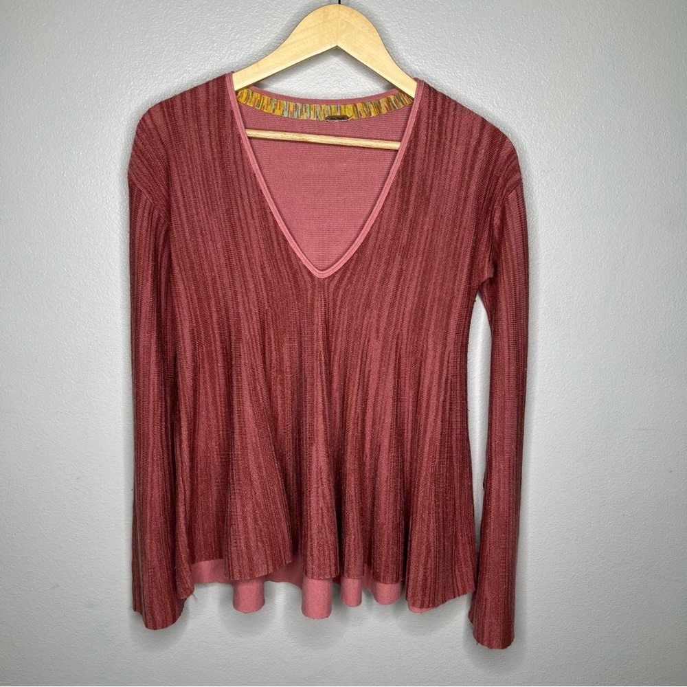 Free People Knit Pink Sweater Flowy Top Flare Sleeves, Boho Beach Feminine - Med